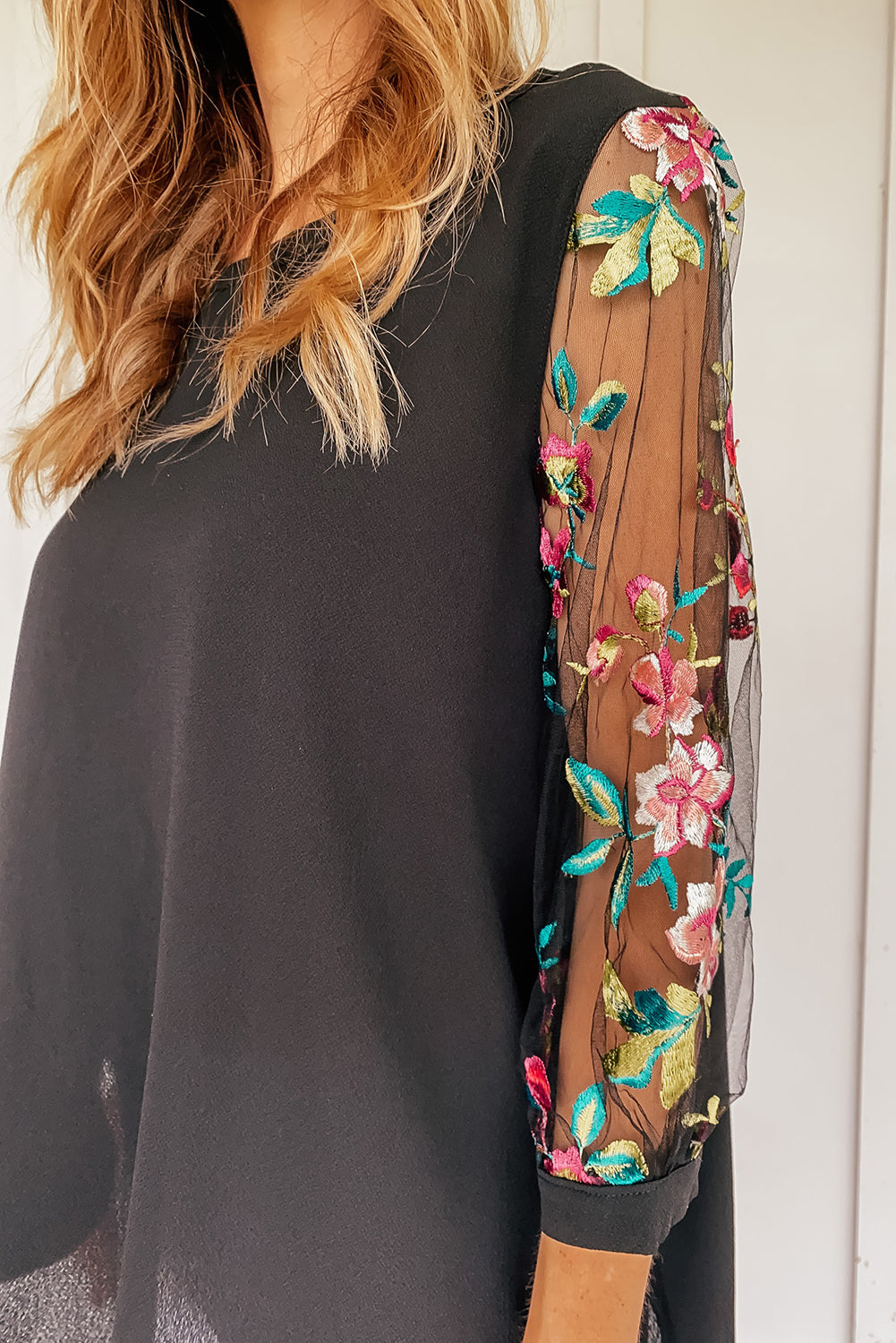 Black Floral Embroidered Sleeve Blouse