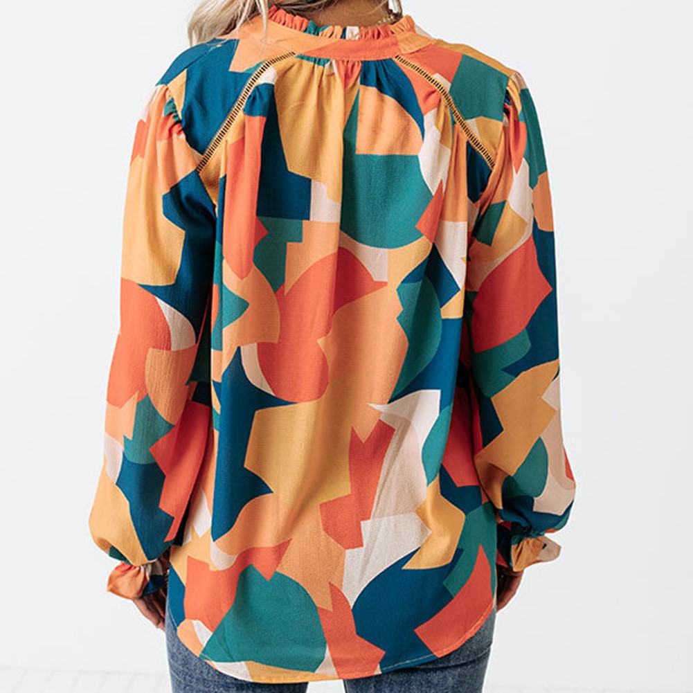 Geometric Patchwork Print Half Buttoned Blouse