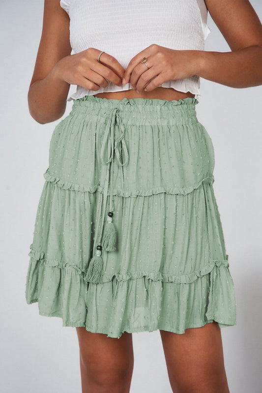 Smocked Waist Swiss Dot Frilled Tiered Mini Skirt