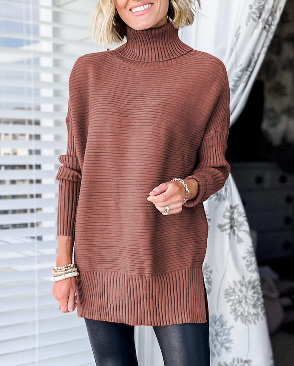 Turtleneck Ribbed Knit Tunic Sweater