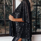 Black Luster Sequin Half Sleeves Draped Open Front Top