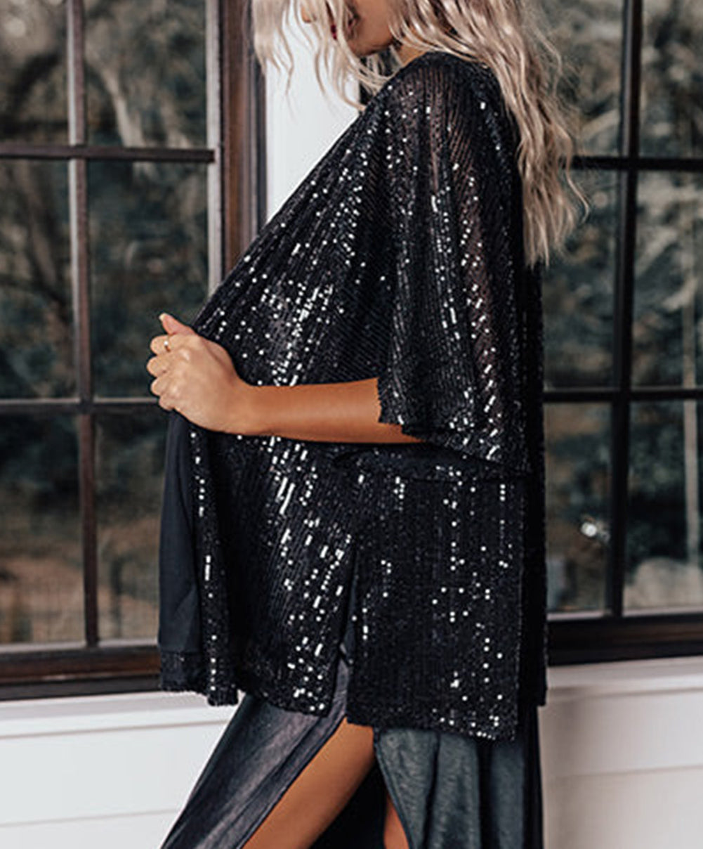 Black Luster Sequin Half Sleeves Draped Open Front Top