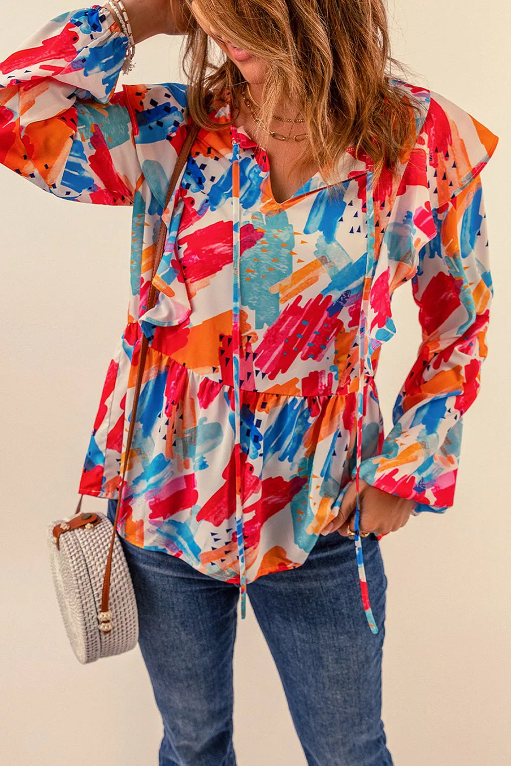 Paint Print Ruffled Detail Loose Blouse