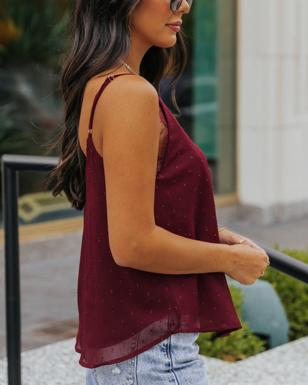Red Eyelash Lace Trim Textured Cami Top