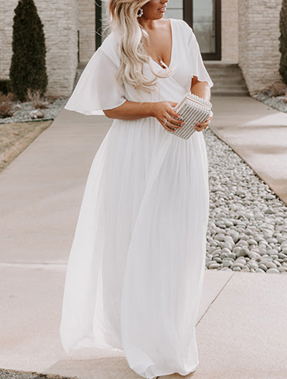 White Wrap V Neck Belted Plus Size Flowy Maxi Dress