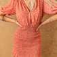 Red V Neck Printed Smocked Mini Dress