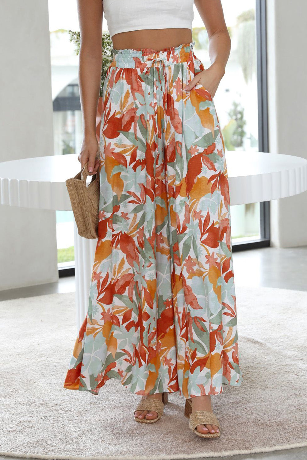 Floral Print Drawstring Shirred High Waist Wide Leg Pants