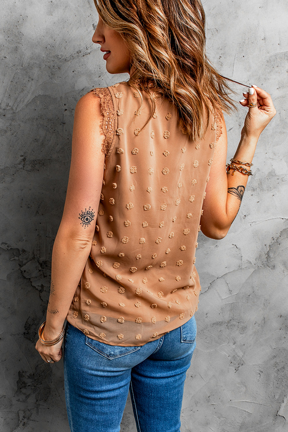 Swiss Dot Lace Stitching V Neck Tank Top