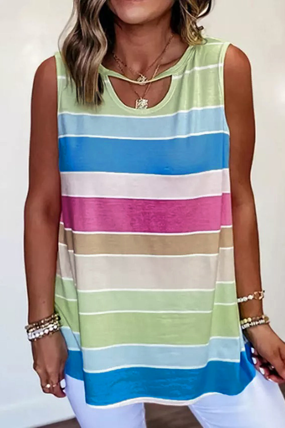 Multicolor Striped Colorblock Cut-out Tank Top