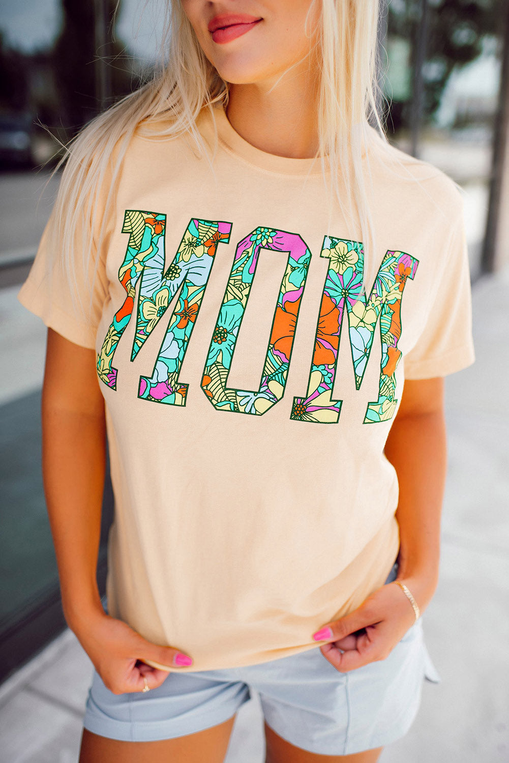 MOM Floral Letter Print T Shirt