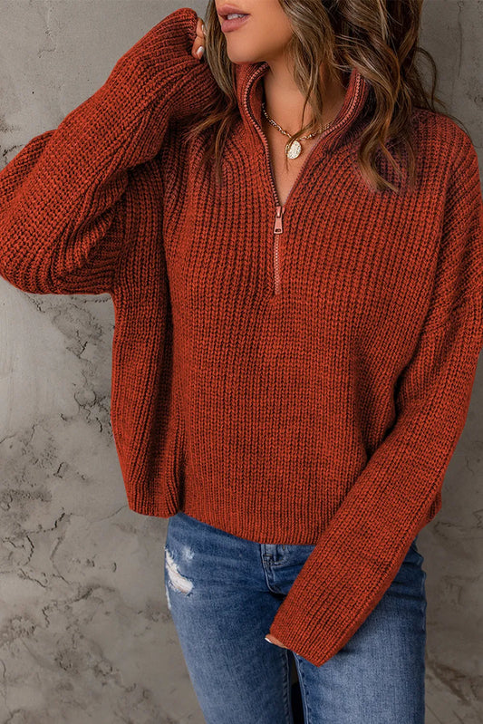 Zipped Turtleneck Drop Shoulder Knit Sweater