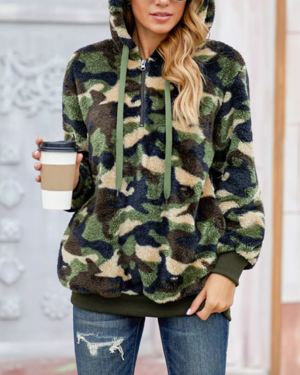Camo Print Warm Furry Pullover Hoodie