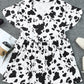 White Cow Spots Print V Neck Ruffled Casual Blouse