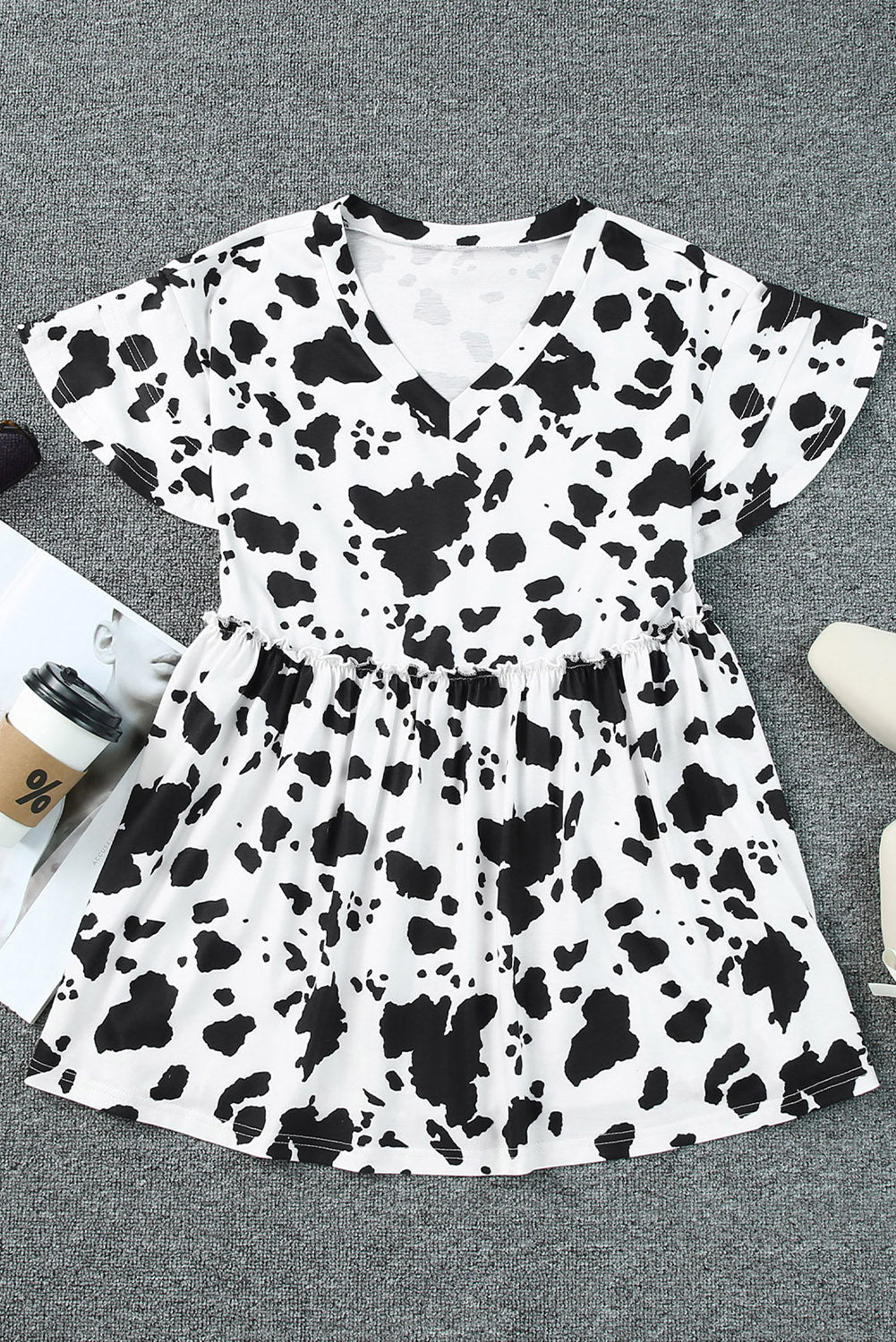 White Cow Spots Print V Neck Ruffled Casual Blouse
