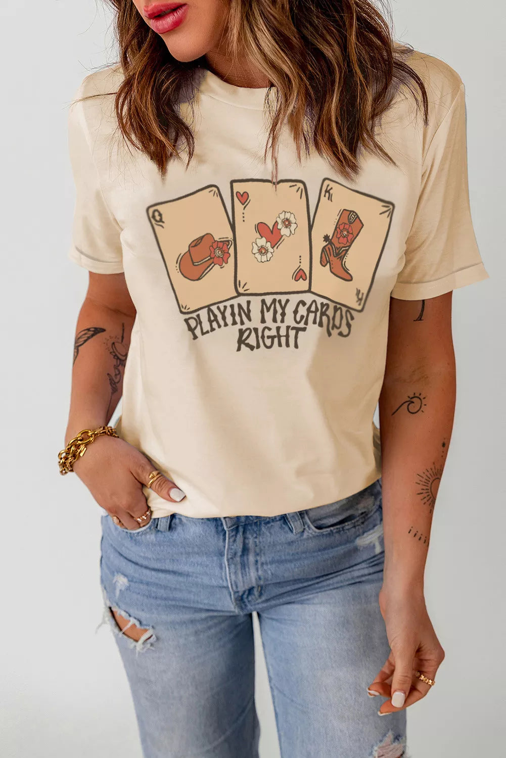 Khaki Poker Cards Letter Graphic Print Crew Neck T Shirt