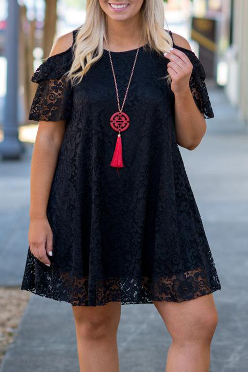 Black Cold Shoulder Lace Plus Size Dress