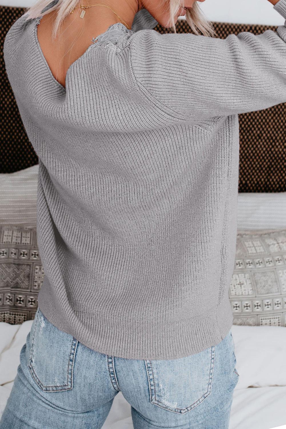 Lace Collar V Neck Ribbed Sweater