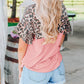 Pink Leopard Sequin Colorblock Patchwork Short Sleeve Top