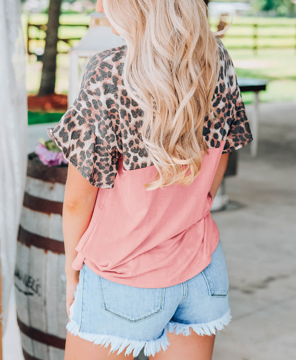 Pink Leopard Sequin Colorblock Patchwork Short Sleeve Top