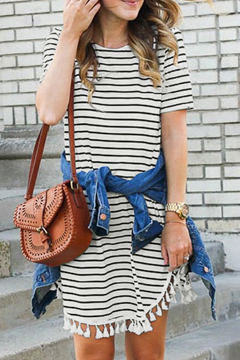 Crew Neck Striped T-shirt Mini Dress with Tassel