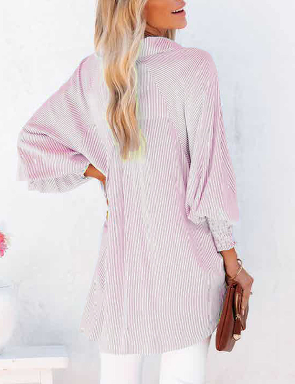 Smocked Cuffed Striped Boyfriend Shirt with Pocket