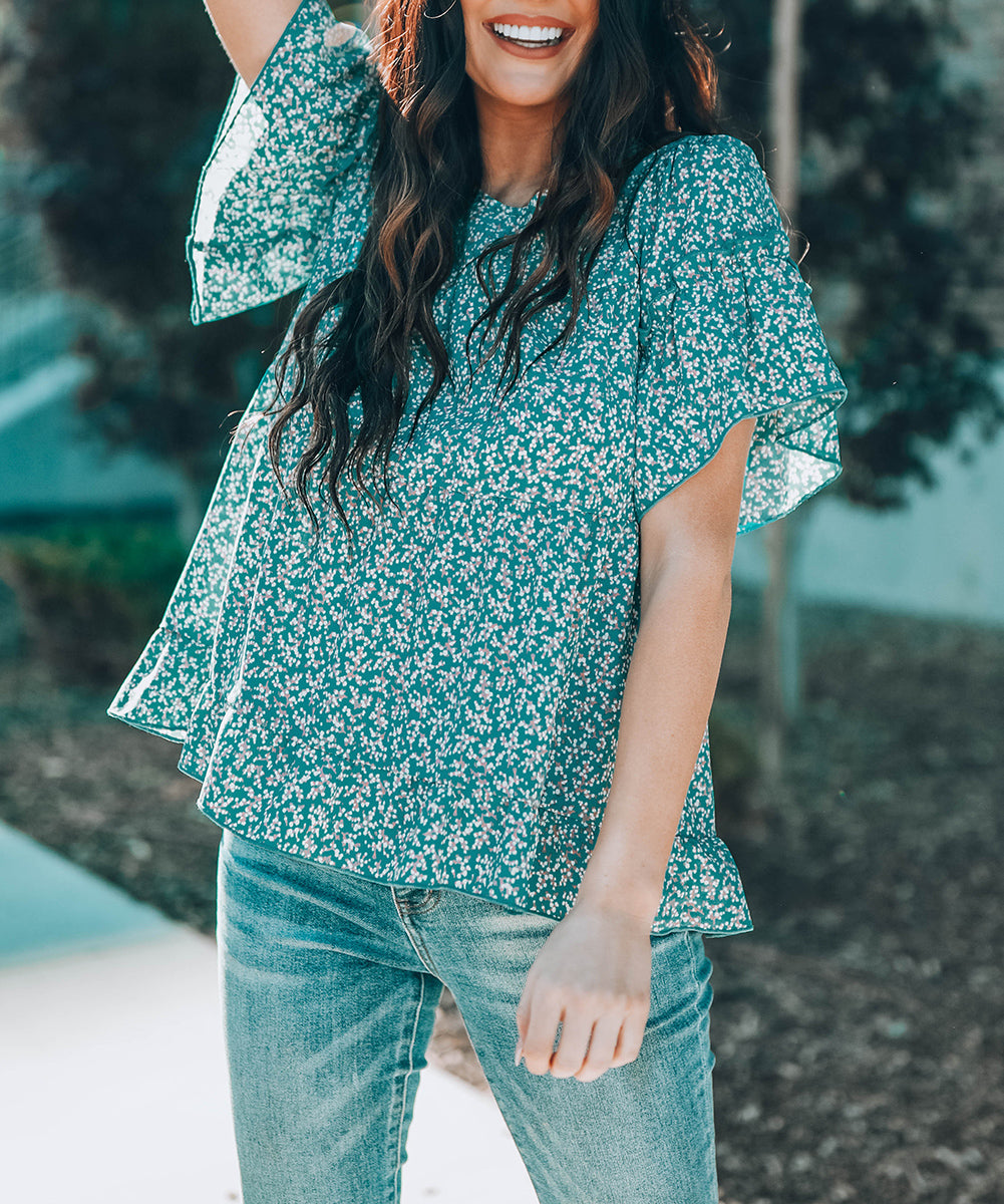 Sky Blue Floral Tiered Top with Ruffles