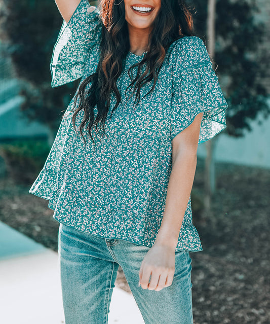 Sky Blue Floral Tiered Top with Ruffles