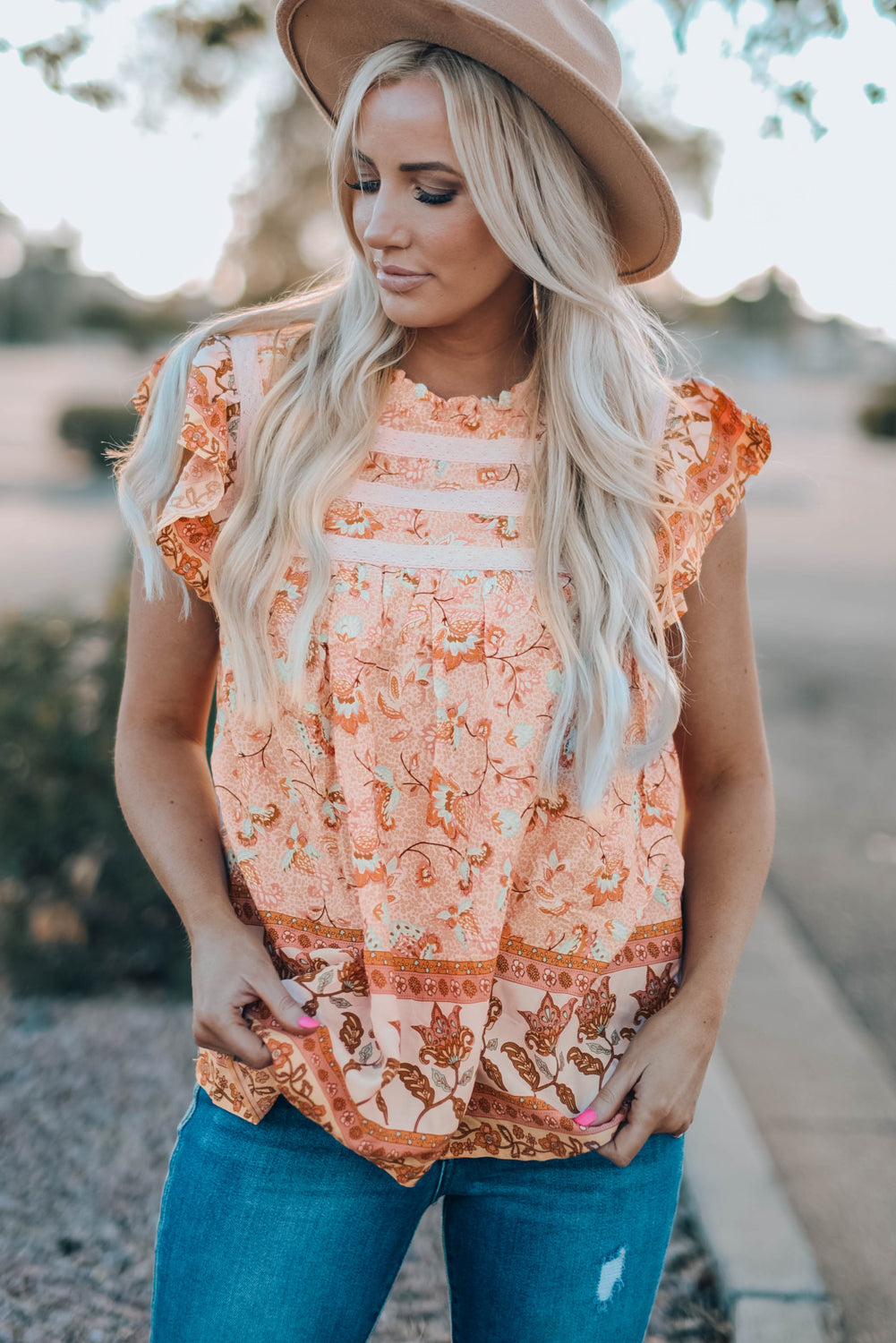 Floral Print Ruffled Crew Neck Sleeveless Top