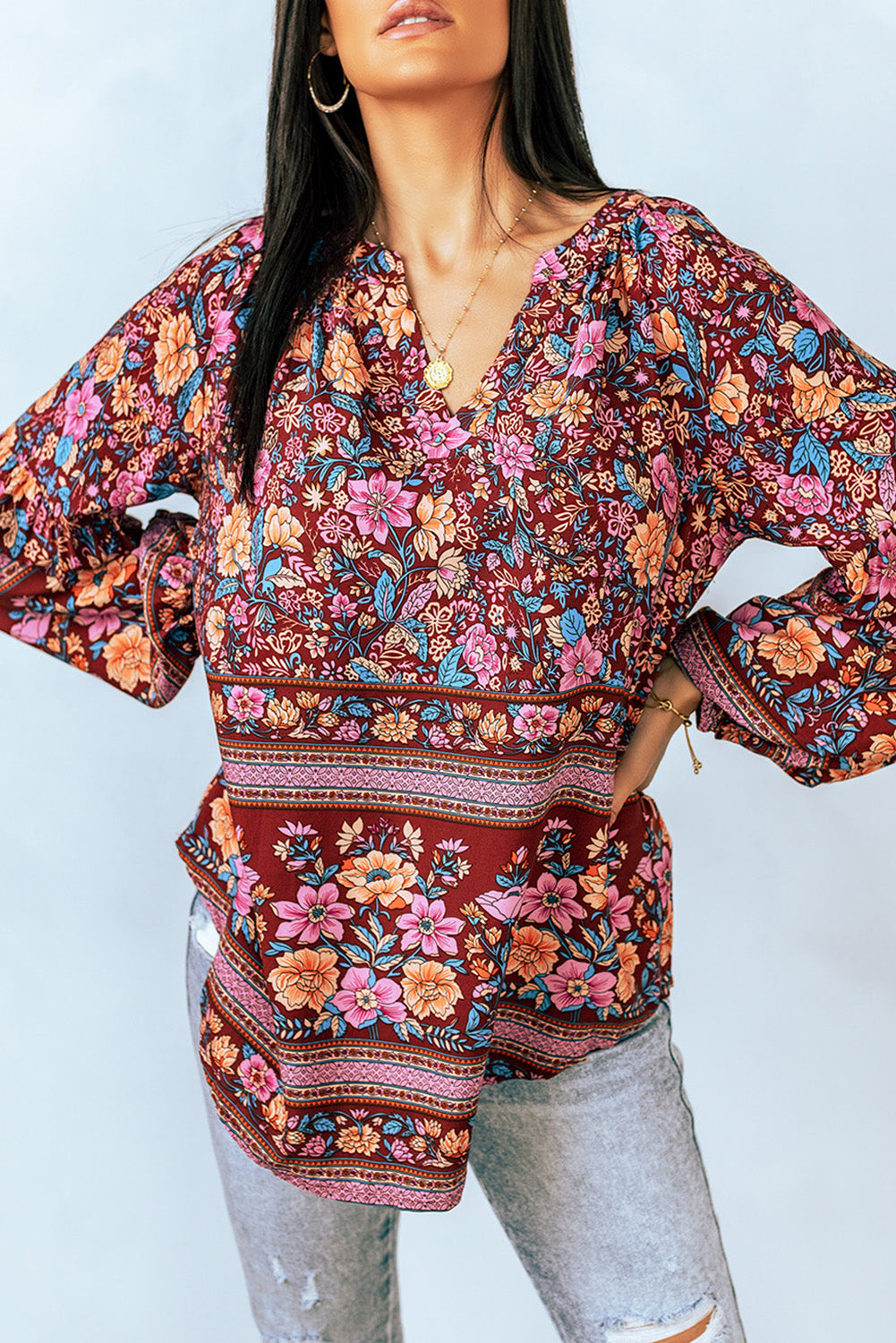 Floral Print V Neck Long Sleeve Blouse