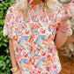 Multicolor Abstract Print Smocked Puff Sleeves Blouse