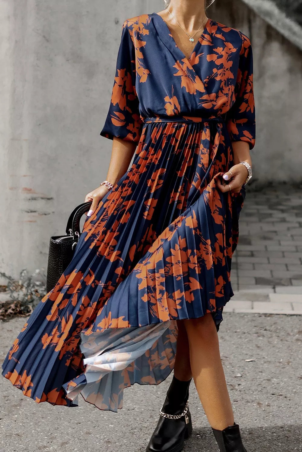 Orange V Neck Wrap Pleated Maxi Floral Dress with Tie