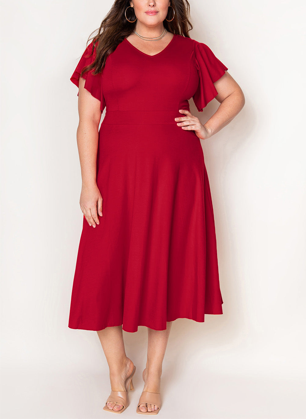 Red Plus Size Short Flutter Sleeve Midi Dress