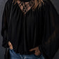 Black Lace Contrast Sheer Frilled Neck Blouse