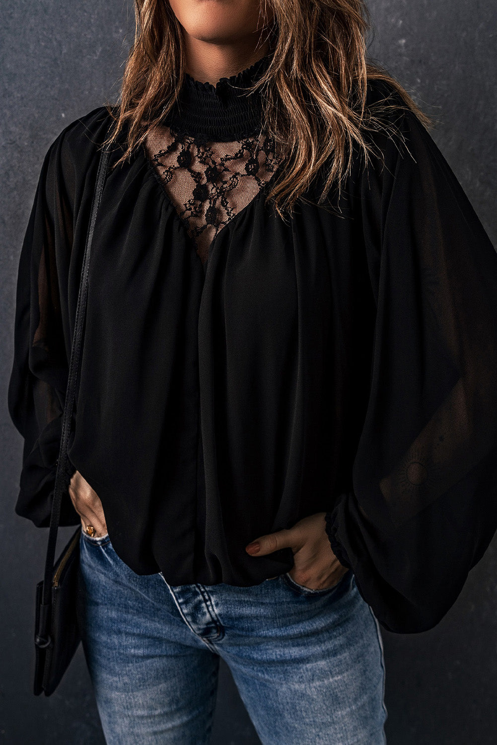 Black Lace Contrast Sheer Frilled Neck Blouse
