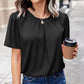 Black Solid Pleated Keyhole Short Sleeve T Shirt