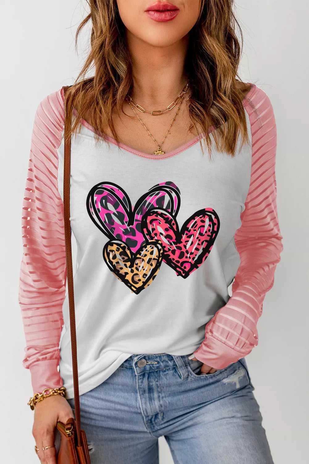 Pink Sheer Striped Sleeve Valentine's Day Leopard Heart Print Top