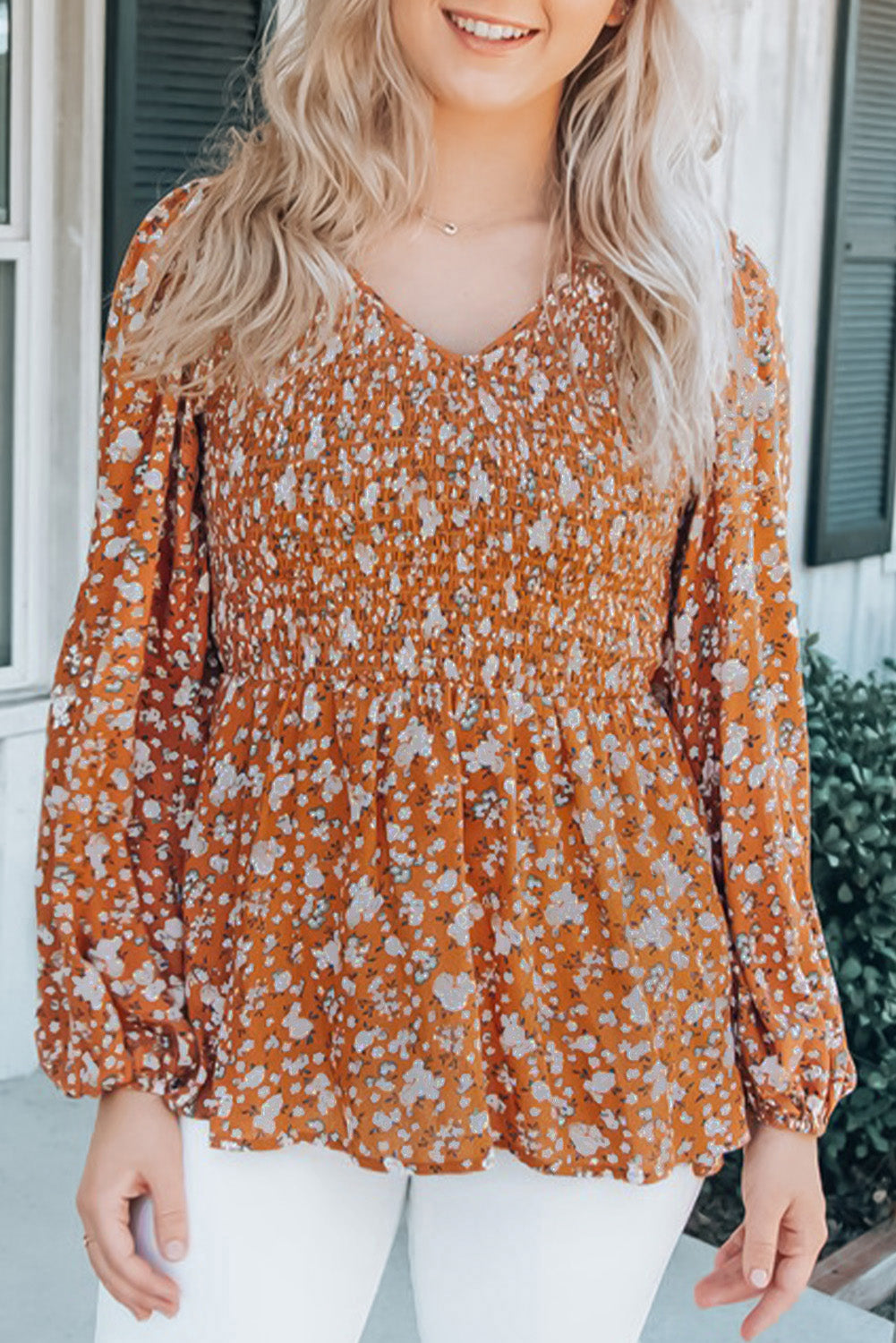 Floral Print Shirred Long Sleeve V Neck Blouse