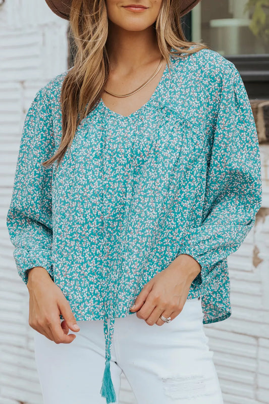 Sky Blue Floral Print Drawstring High Low V Neck Blouse