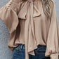 Khaki Frilled Knotted Mock Neck Bishop Sleeve Blouse