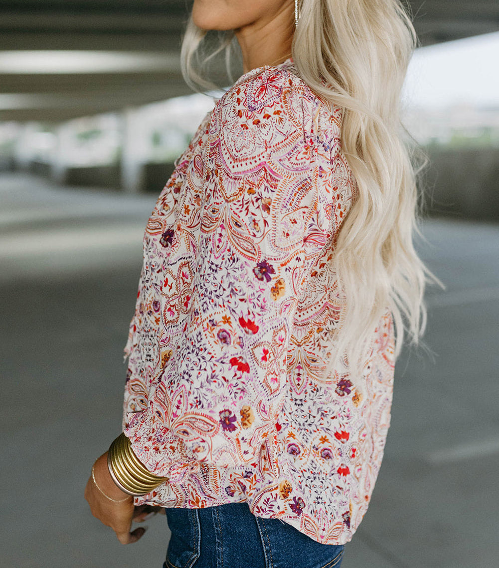 Red Vintage Boho Print Shirred Cuffs Blouse