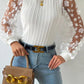 White Floral Applique Mesh Sleeves Textured Knit Blouse