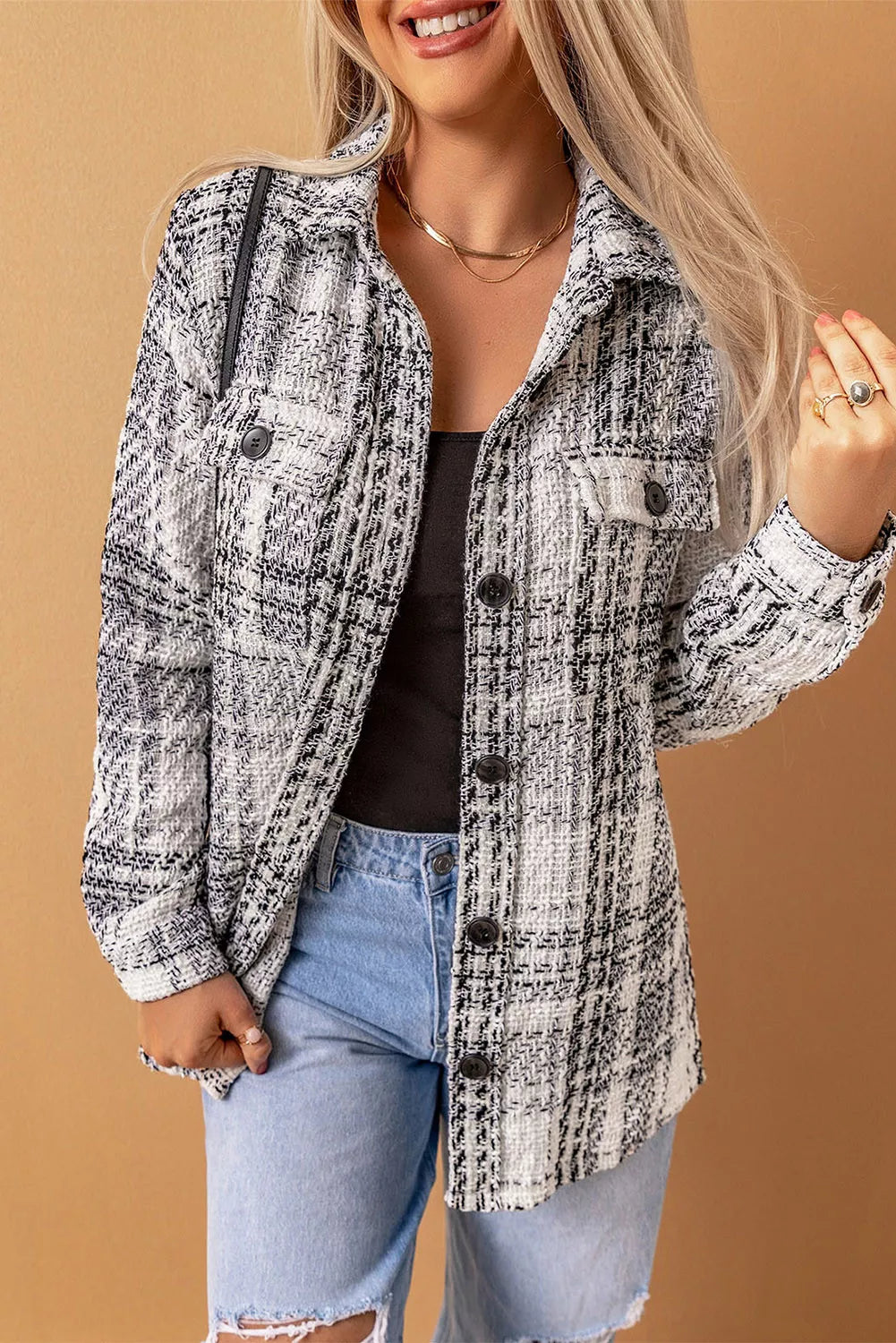 Plaid Print Pocketed Shirt Jacket