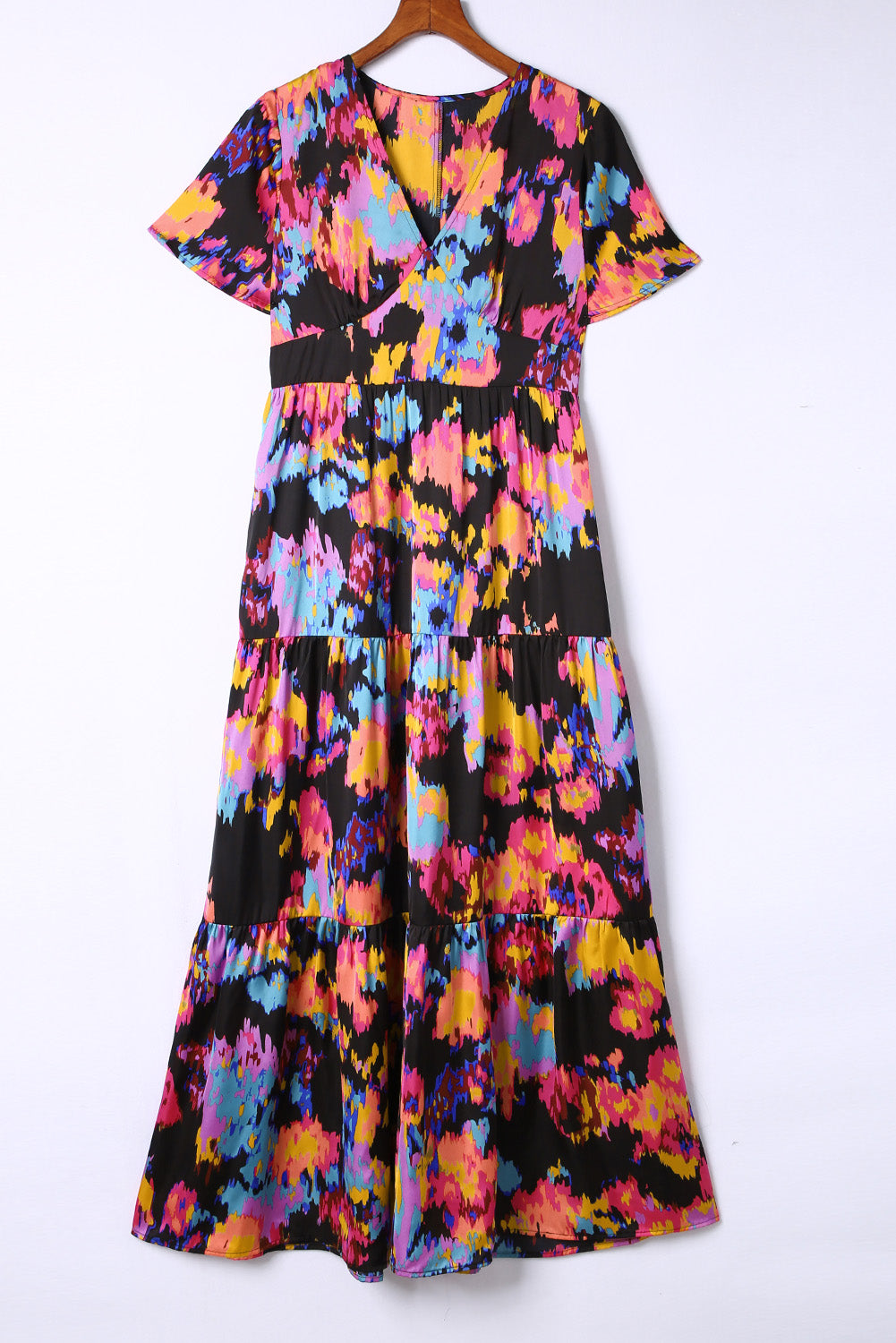 Black Abstract Floral Pattern Flutter Sleeve Tiered Maxi Dress