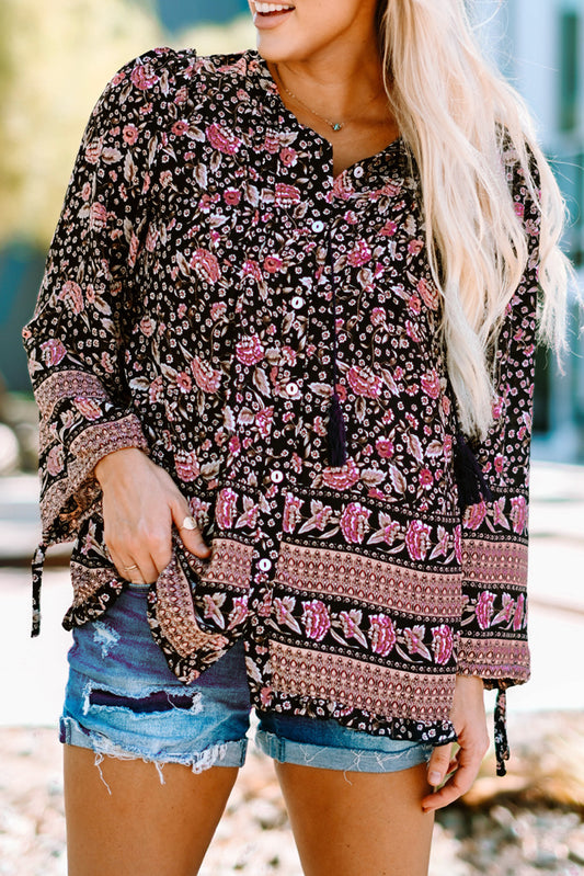 Black Vintage Boho Floral Print Loose Shirt