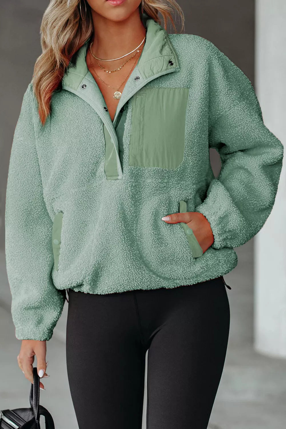 Half Button Pocketed Fleece Pullover Sweatshirt