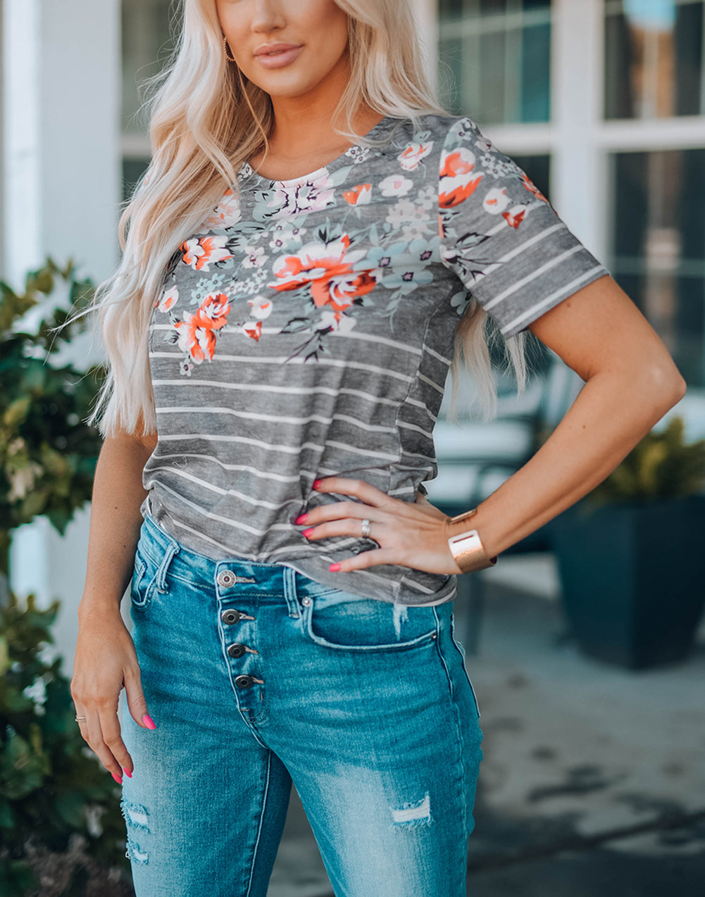 Floral Striped Print Short Sleeve Tee