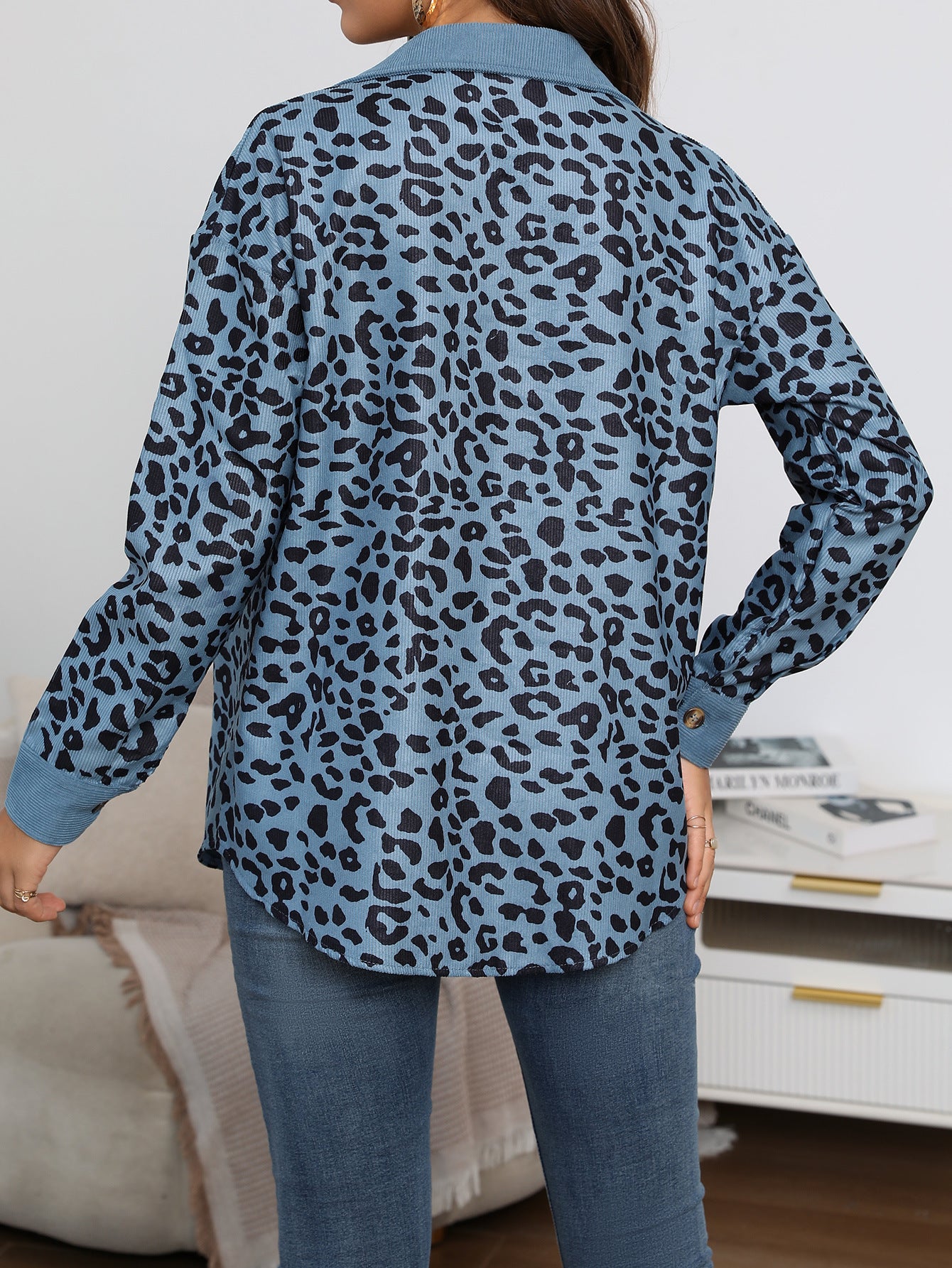 Leopard printed button long sleeve jacket coat