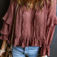 Swiss Dot Lace up V Neck Ruffled Blouse