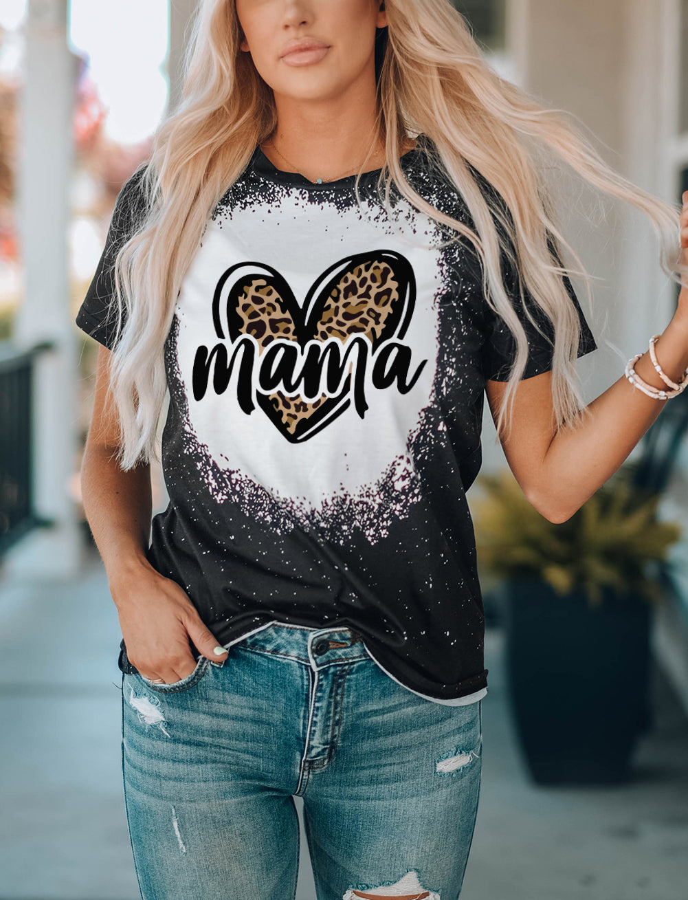 MAMA Leopard Heart Bleach Print Short Sleeve T Shirt