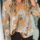 Green Floral Print Long Sleeve V Neck Blouse